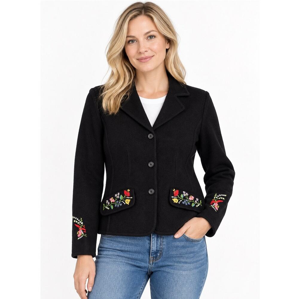 Pendleton 100% Merino Wool Black Floral Embroidered Jacket Womens Size Medium